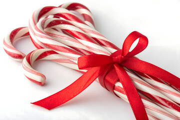 Red and White Candy Canes with Ribbon &ndash; Classic Christmas Sweet Isolated on White Background