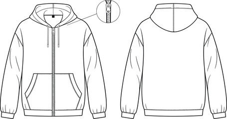 Front and back zip up hoodie technical fashion sketch, drawstring hooded sweatshirt with pocket and zipper detail, cad drawing flat vector illustration © Creative Rejia