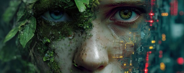 Close-up image of moss-covered face on left and digital circuitry on right, merging nature and technology