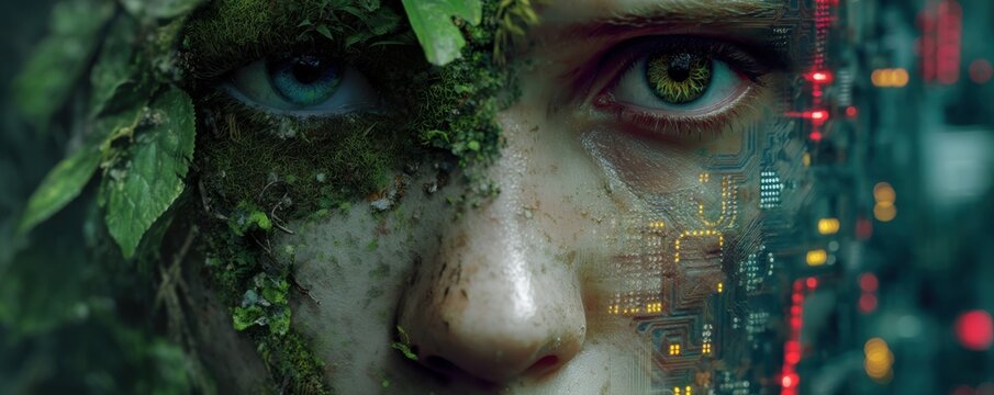 Close-up image of moss-covered face on left and digital circuitry on right, merging nature and technology - Powered by Adobe
