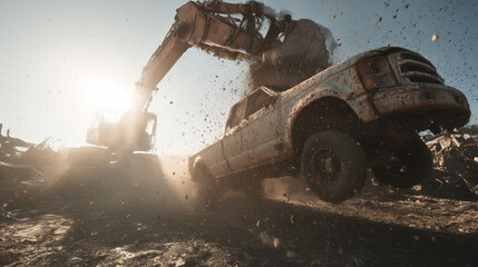 Powerful excavator lifting an old dirty pickup truck in a scrapyard with sunlight and flying dust, industrial demolition scene showing power, destruction and recycling process