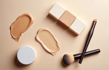 Various liquid foundation swatches show different color options, shades. Compact face powder blocks, along with two makeup brushes, small container, neatly arranged on neutral background. Essential