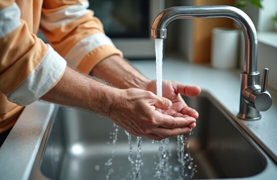 Older man washes hands under tap water in modern kitchen sink. Cleans fingers, palms thoroughly for good hygiene, disease prevention. Senior person maintains personal health safety, prepares food