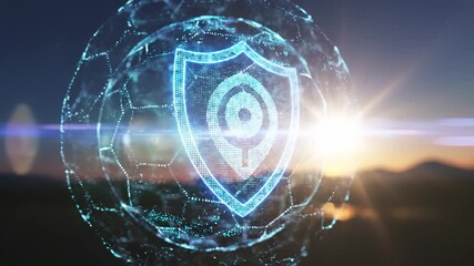A digital shield symbolizes cybersecurity, engulfed by a glowing network in a vast space with a sunset backdrop. The vibrant environment showcases the essence of digital protection - Powered by Adobe