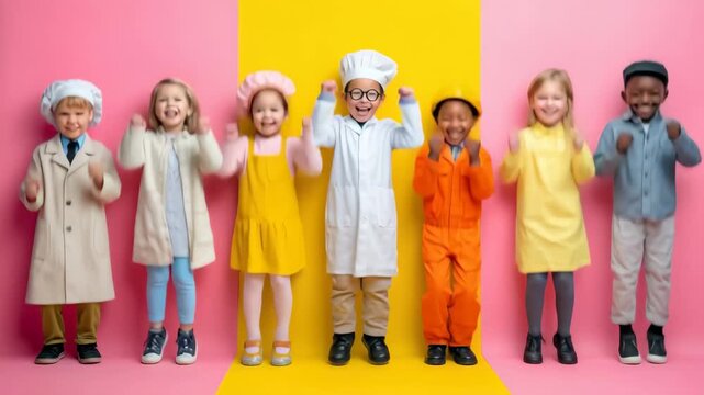 Children dressed in colorful costumes, showcasing different professions in a vibrant studio setting