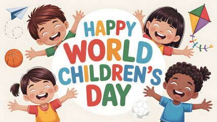 Cheerful diverse children celebrating World Children's Day with toys isolated on a transparent background 2