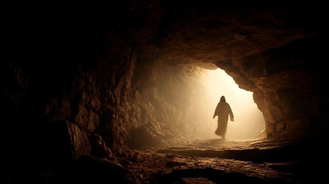 Jesus walking out of the tomb, Resurrection silhouette, cinematic animation