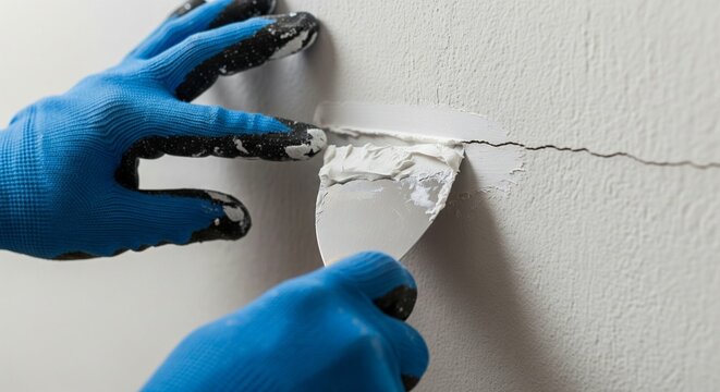 Detailed close-up of a worker filling cracks in the wall with putty