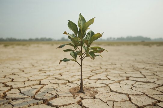 Regeneraci&oacute;n del ecosistema, &aacute;rbol plantado en suelo cuarteado