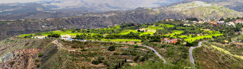 Panorama view to the Real Club de Golf de Las Palmas – historic golf course on the crater rim of Caldera de Bandama, Gran Canaria, Canary Islands