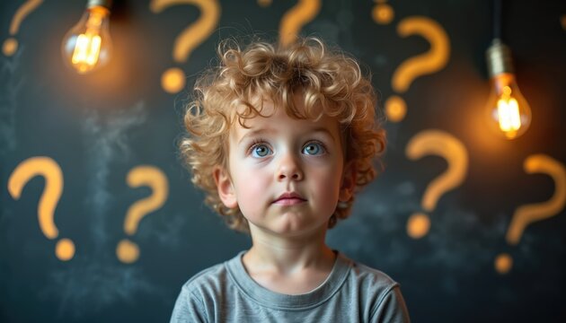 Pensive young boy looks up in wonder. Kid surrounded with question marks on blackboard. Illuminated light bulbs provide inspiration for finding answers. Curious child learning, education concept