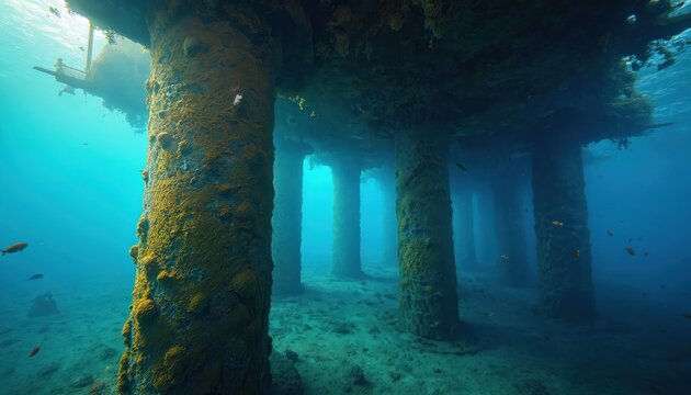 Underwater view of pier support columns overgrown with yellow corals. Massive pillars create artificial reef on ocean floor. Sunlight filters through deep blue sea water, illuminating fish swimming