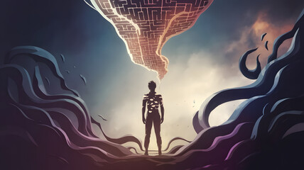 Conceptual Art of Man Silhouette with Thought Cloud Maze Above Head