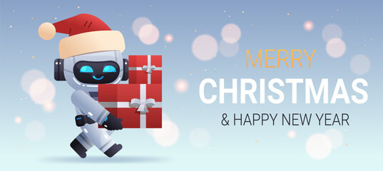 Christmas Robot Character with Presents. Festive Light Web Banner