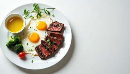 Delicious steak with fried eggs and broccoli served on white plate. Juicy meat, fresh vegetables and golden yolks, perfect for breakfast or brunch meal.
