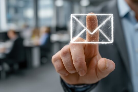 Businessman holds a glowing email icon in front of a modern office background for digital communication