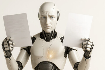 Robot holding papers looks confused about results, showcasing the challenges of artificial intelligence interpretation