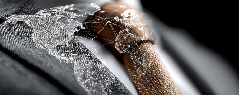 Close-up of a professional businessman in a suit with a digital world map overlay and network lines