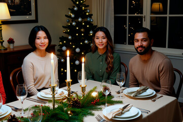 Three young adults sitting at dining table with festive decorations, smiling and posing for photo near Christmas tree with candles in foreground