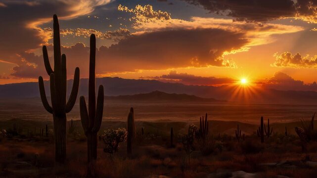 Beautiful orange sun rising over a distant mountain range in a vast desert landscape, illuminating the sky and the iconic saguaro cacti silhouetted against the colorful horizon