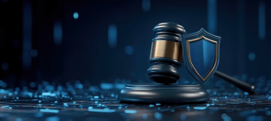 AI regulation with gavel and shield on digital interface