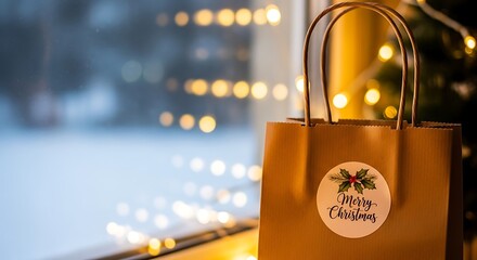 Christmas gift bag with decorative label by window with lights  