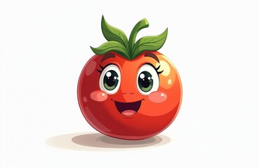 Illustration of cute smiling tomato character. Red veggie has cheerful face, green leaves. Perfect for kids books or eco food marketing campaigns. Healthy eating concept, joyful kitchen garden theme.