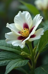 Obraz premium Sweetshrub Venus flower in bloom displays white petals with deep burgundy center details. Green leaves and stems surround this beautiful botanical specimen photo. Perfect nature garden plant art.