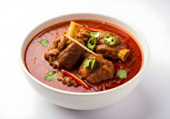 Authentic Rajasthani Laal Maas curry with deep red spicy gravy and tender mutton pieces, served in a white bowl, isolated on white background.