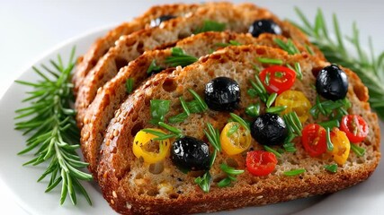 Freshly baked slices of bread are beautifully garnished with black olives, colorful cherry tomatoes, and aromatic herbs. Ideal for any culinary occasion, this dish highlights vibrant flavors