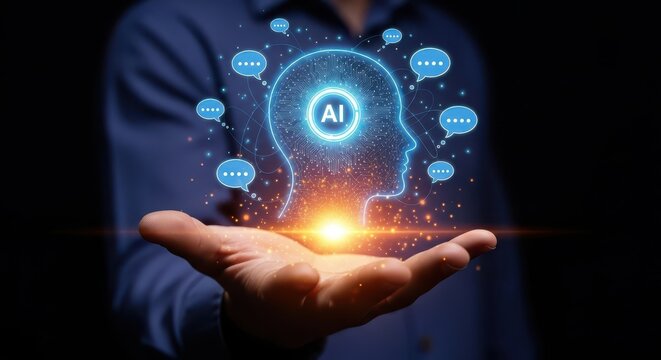 Human Hand Holding Digital Brain with AI Text and Neural Network Hologram. Concept of Artificial Intelligence, Thinking Process, Data Analysis, and Futuristic Technology.