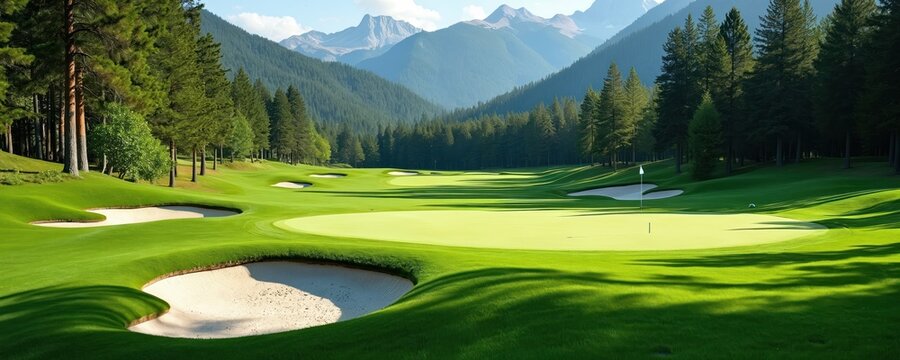 Scenic golf course view shows fairway, sand traps plus green. woodland setting among forest trees. Mountains enhance background. Idyllic sport scene. Golfing enthusiasts enjoy pristine nature,