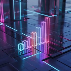 Growing neon bar chart on futuristic digital data circuit board