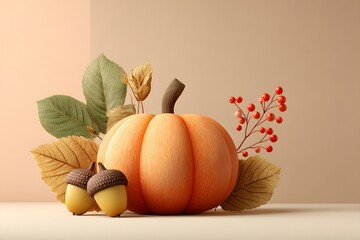Autumn still life featuring a pumpkin acorns leaves and berries on beige background