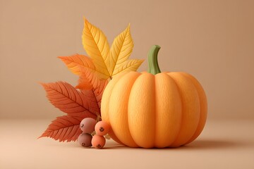 Autumn still life featuring a pumpkin leaves and berries on a neutral background