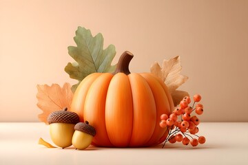 Autumn still life featuring pumpkin acorns leaves and berries on beige background