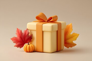 Autumn gift box with leaves and pumpkin for thanksgiving celebration design