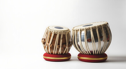 Close up view of two tabla drums sitting on red cushions against a plain white background studio shot ai generated