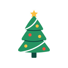 Vector illustration of a green Christmas tree with yellow and red ornaments, white garland, and a yellow star on top, isolated on a white background. Festive holiday element in flat style.