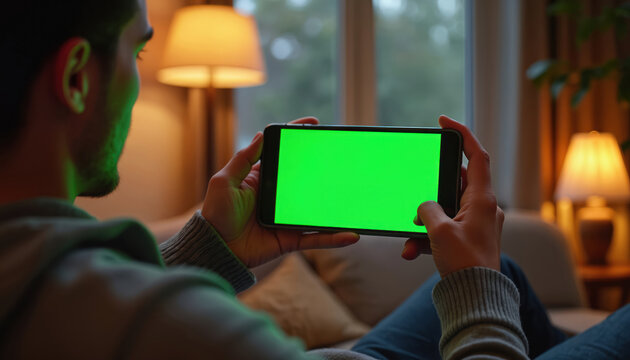 Man uses smartphone with green screen display while sitting on couch at home. He holds phone horizontally, watching content and scrolling with finger. Relaxed indoor scene with soft lamp lighting.