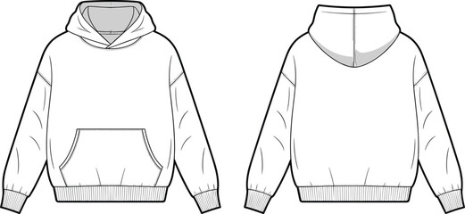 Hoodie sweatshirt flat sketch front and back view, vector technical drawing, casual fashion design template, unisex pullover fleece garment illustration for apparel design © Creative Rejia