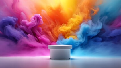 Cosmetic product display against colorful smoke