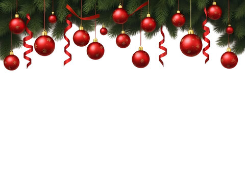 Christmas ornaments and pine boughs isolated on transparent background