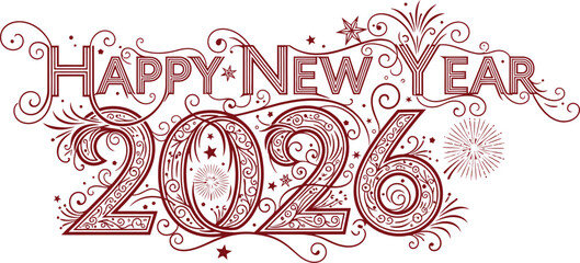 Artistic red hand drawn happy new year 2026 text with swirls and stars