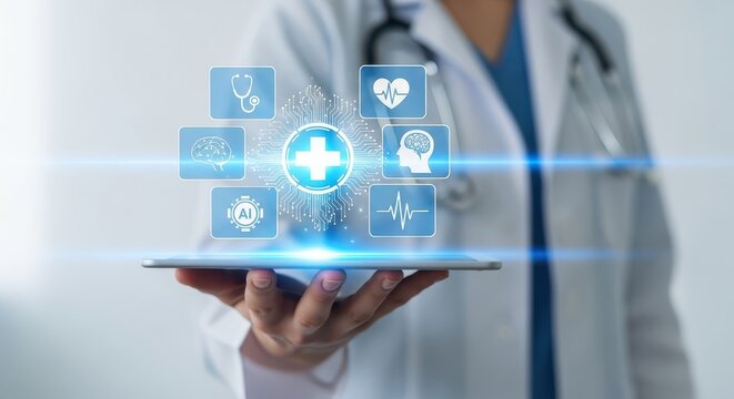 Doctor Holding Tablet Displaying Glowing Medical Cross and Health Technology Icons. Concept of Digital Healthcare, Telemedicine, Medical Record, and Modern Health Services. - Powered by Adobe