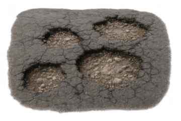 Damaged asphalt road surface with multiple worn potholes and cracks, showing infrastructure decay, transparent background
