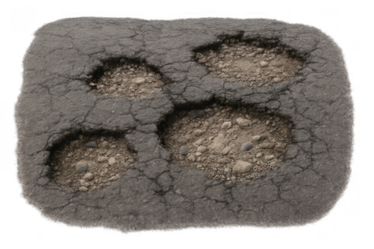 Damaged asphalt road surface with multiple worn potholes and cracks, showing infrastructure decay, transparent background