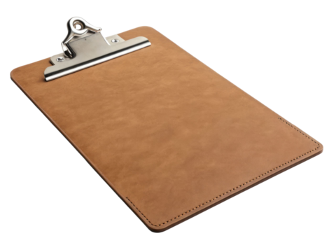 Brown Leather Clipboard with Metal Clip Isolated on Transparent Background for Office Use