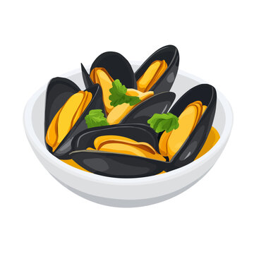 Flat 2D vector illustration of Moules Marinieres, simple icon style on a clean white background.