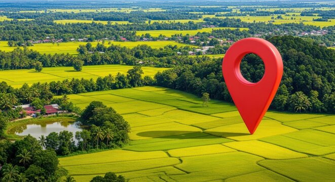 Red Location Pin Over Green and Yellow Paddy Fields with Village and Water Body. Concept of GPS Navigation, Land Survey, Agriculture Location, and Rural Travel.